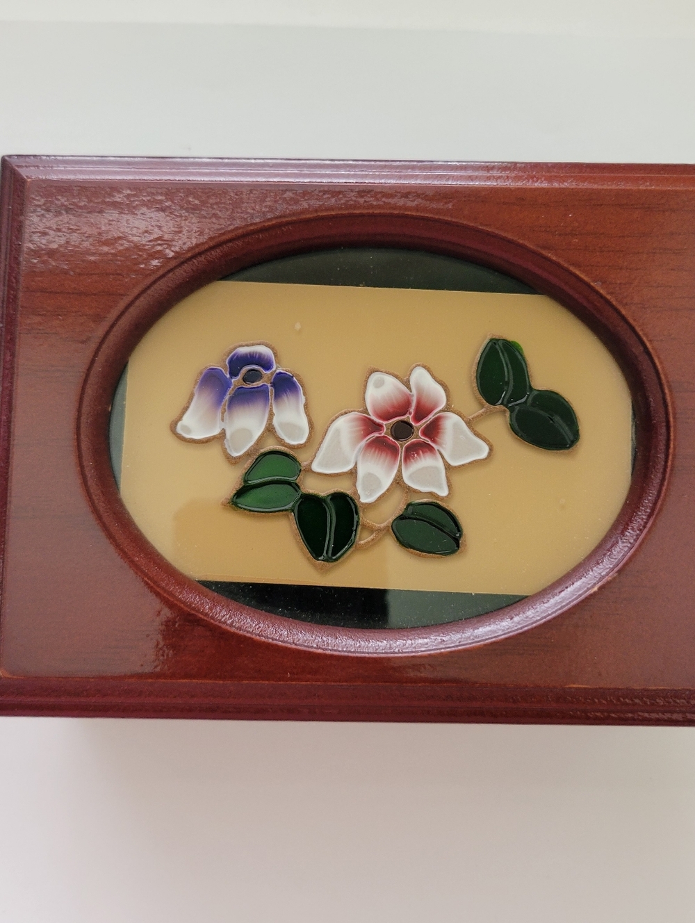 Vtg Wooden Jewelry Box Hinged Pressed Flowers Top Glass 5 x3.5" Rectangular
